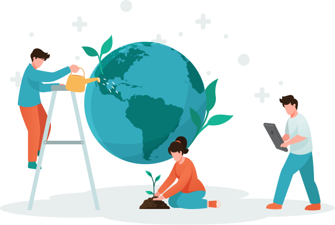 Illustration with three people. One is watering the planet Earth, the other one planting a plant and one is standing with a tablet.