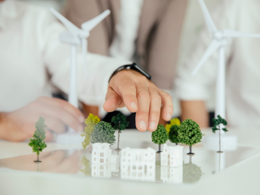 A man discusses green energy and buildings and construction. Photo: Getty Images/Westend61.